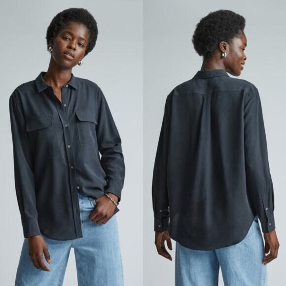 Everlane The Washable Silk Relaxed Shirt Button Down Black Blouse NWT Size 0 - Picture 1 of 9